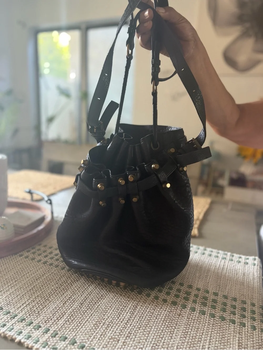 Alexander Wang Black Leather Drawstring Hobo with Gold-Tone Stud Accents